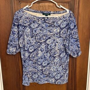 Ralph Lauren Short Sleeve Blue and Cream Paisley Top